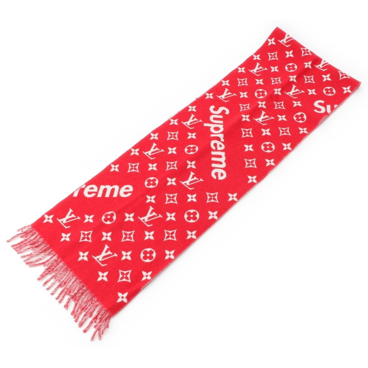 Louis Vuitton Supreme Wool Cashmere Blend Monogram Logo Scarf Red
