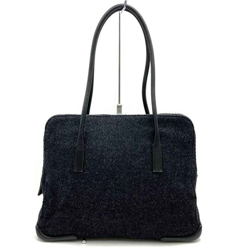 Prada Handbag Shoulder Bag Black Wool Tweed Leather Women Fashion