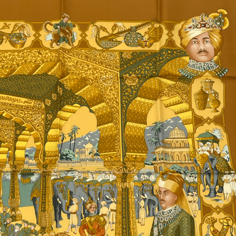 Hermes Carre 90 Silk Scarf Splendeur DES Maharajas Splendor Yellow Multicolor