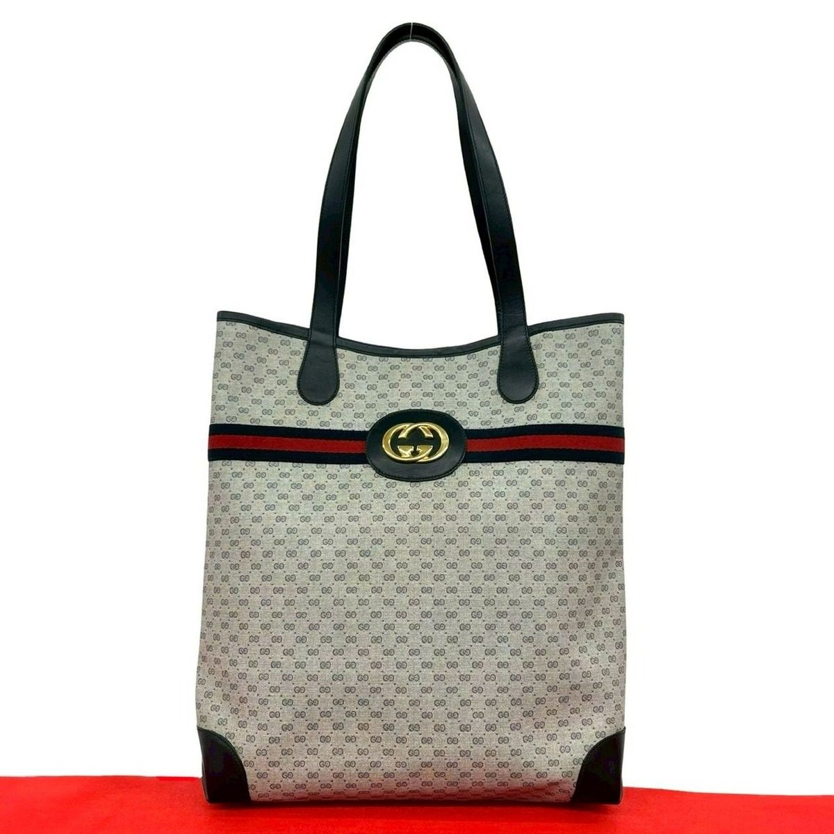Gucci Vintage Sherry Line Micro GG Logo Leather Tote Navy