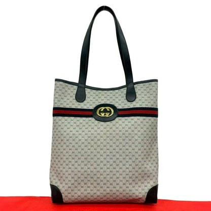 Gucci Vintage Sherry Line Micro GG Logo Leather Tote Navy
