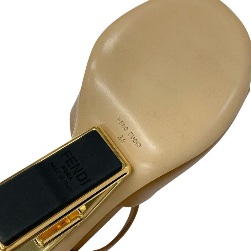 Fendi First Sandals Shoes Leather Brown Gold Unused Mule Metal Heel Strap