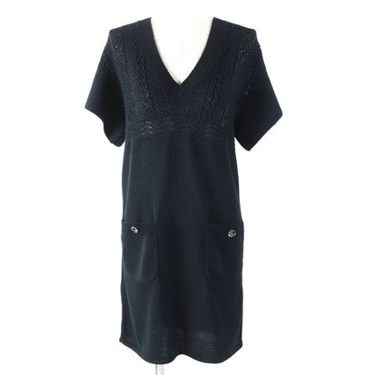 CHANEL P58547 100% Cotton Clear Coco Mark Button Openwork V-neck Knit Dress