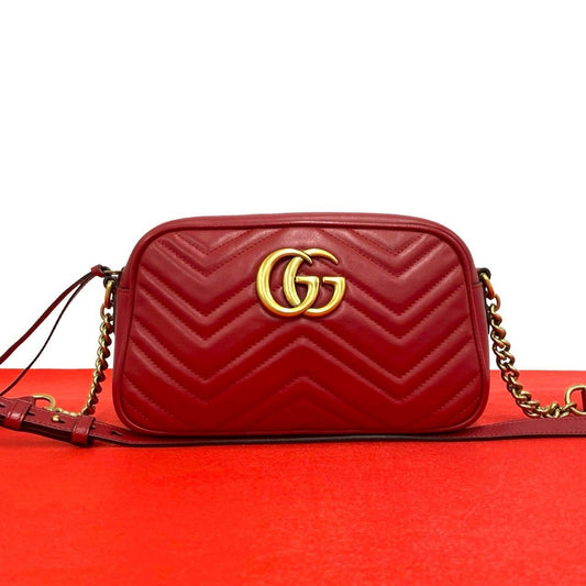 Gucci GG Marmont Logo Quilted Leather Shoulder Bag Pochette Red