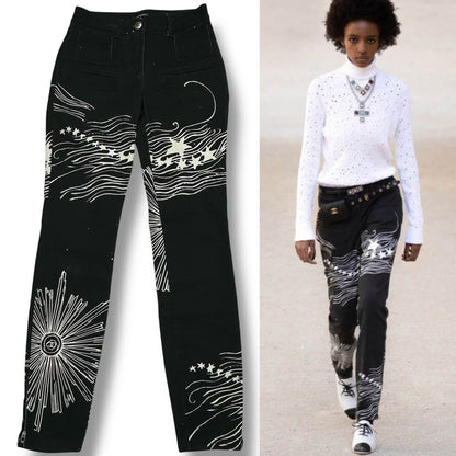 Chanel Pants Denim CC Logo Coco Button Chain Black White