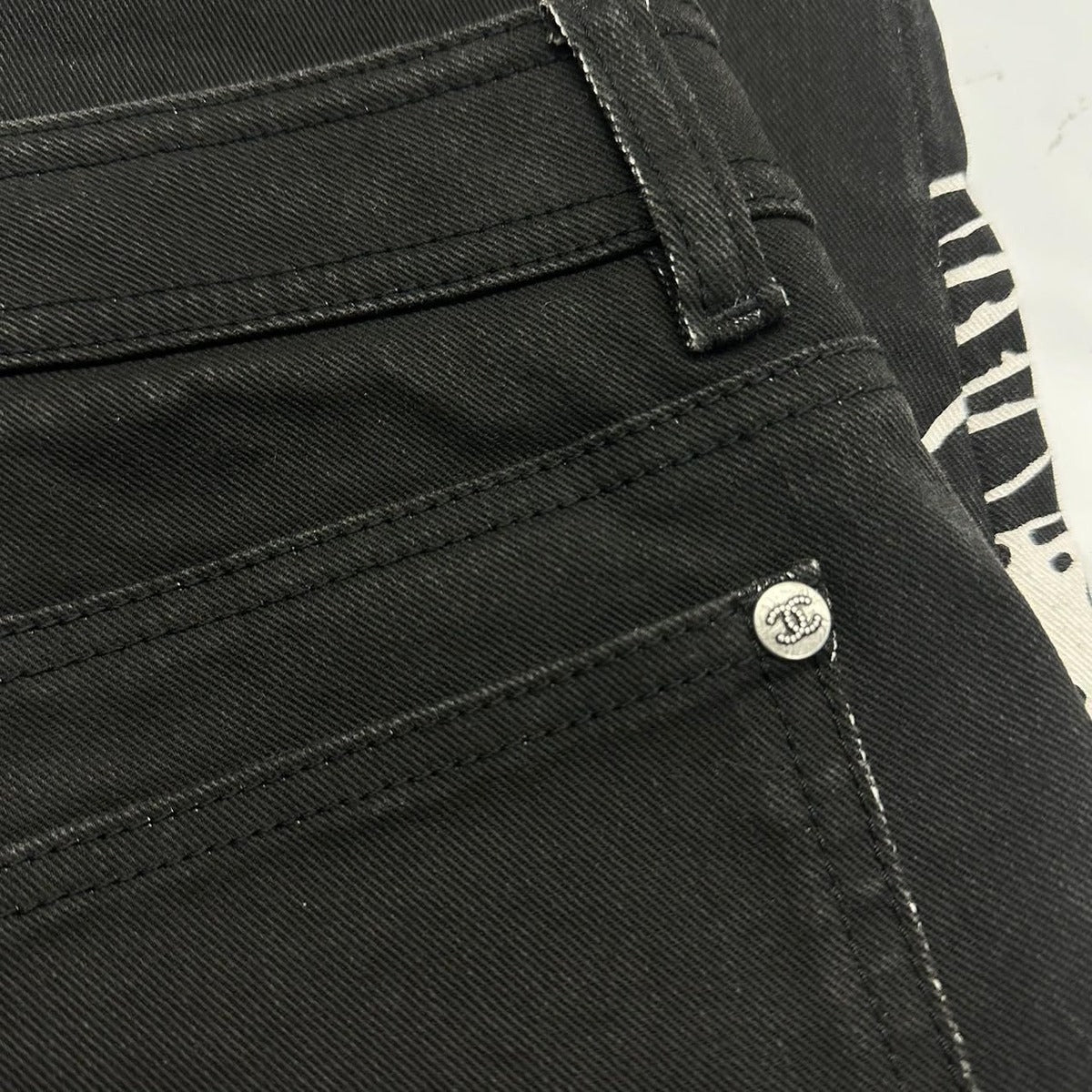 Chanel Pants Denim CC Logo Coco Button Chain Black White — view 7