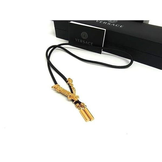Versace Barocco Letter Leather Loop Tie Necklace Black Gold