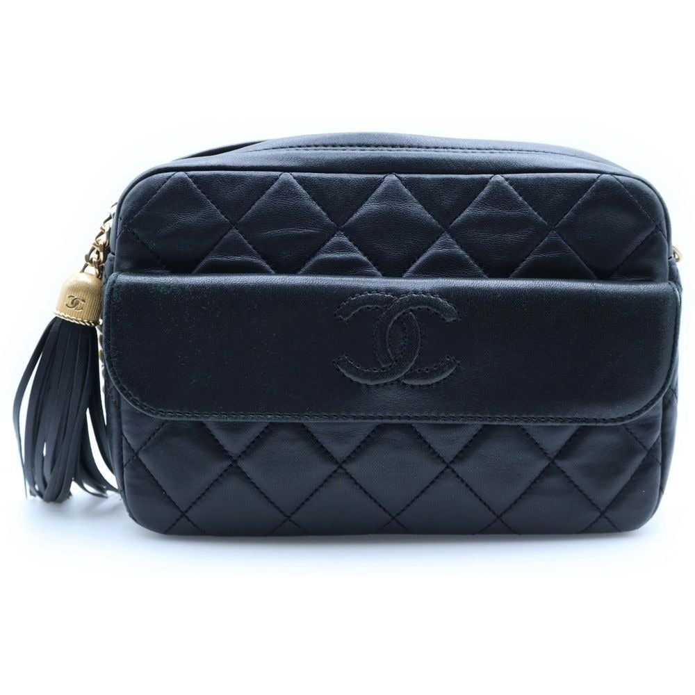 Chanel Quilted CC Logo Tassel Chain Shoulder Bag Black Lambskin Gold