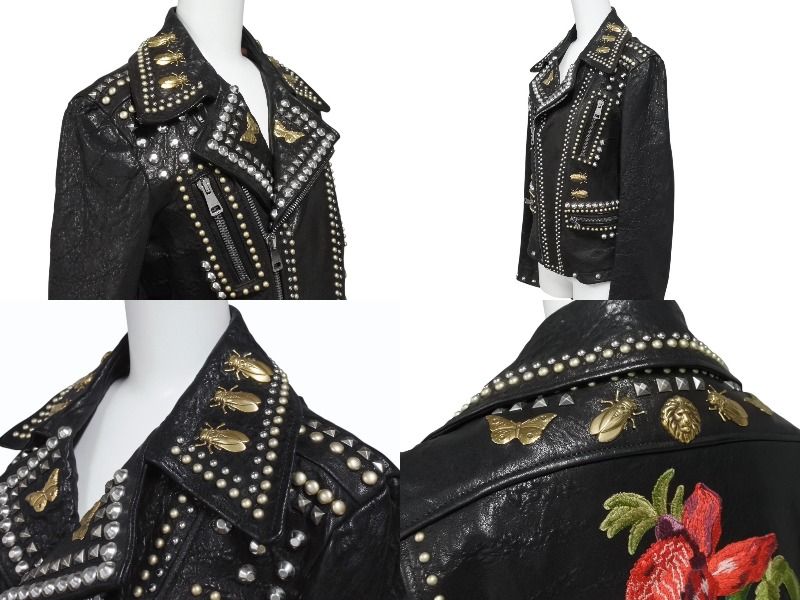 Gucci Double Rider's Jacket Studs Embroidery Sheepskin Black — view 4