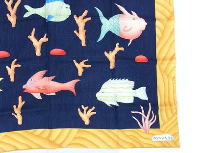 Bvlgari 100% Silk Fish Large Scarf Stole Women's Yellow And Navy Av1732
