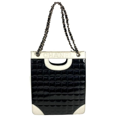 Chanel Shoulder Bag Logo Choco Bar Enamel Leather Black