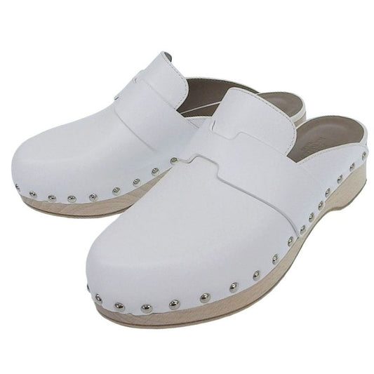 Hermes Karya Leather Sabo Sandals Mules 36 Approx 23cm (9.06in) White Women's