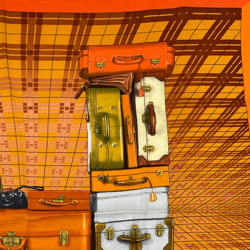 Hermes Silk Scarf H EN Voyage Traveling Hermes Bag Pattern Orange