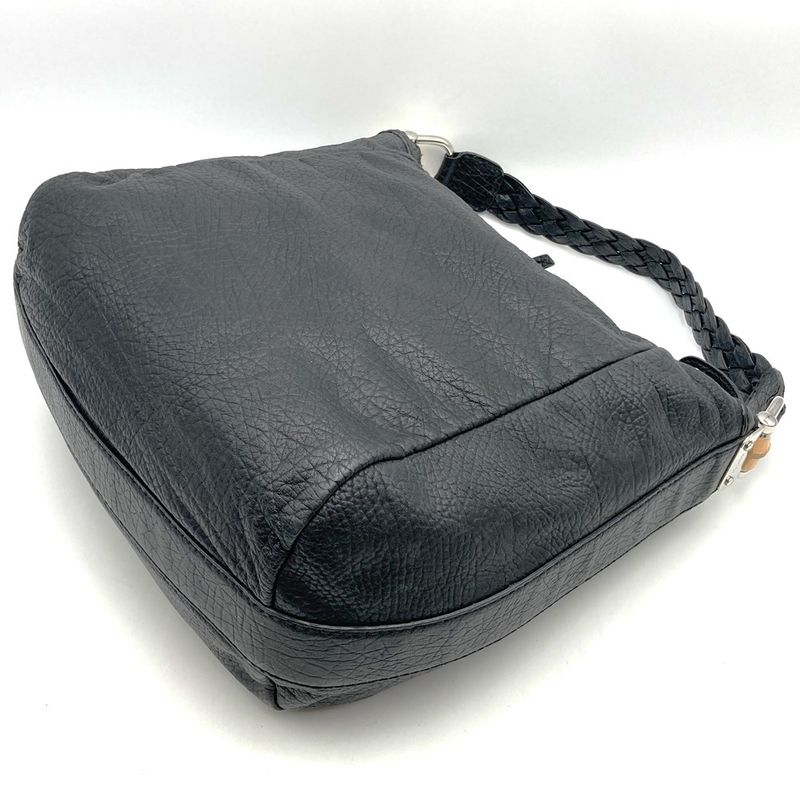 Gucci 257090 Handbag Shoulder Bag Bamboo Braided Handle Leather Black Women