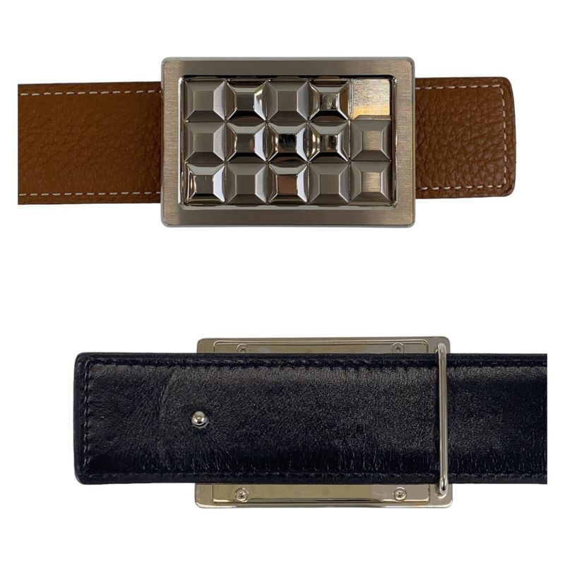 Hermes Studded Buckle Gold Camel Brown Silver Hardware Togo/box Calf Belt