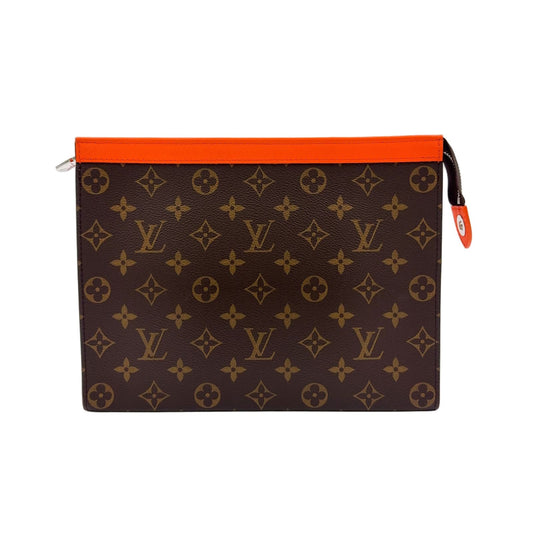 Louis Vuitton Pochette Voyage MM Monogram Macassar Leather Orange Brown Clutch