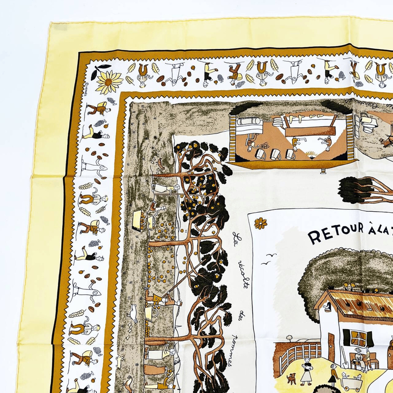 Grade Hermes Carre 90 RE TOUR A LA Terre Homeward Bound Yellow 100% Silk Scarf
