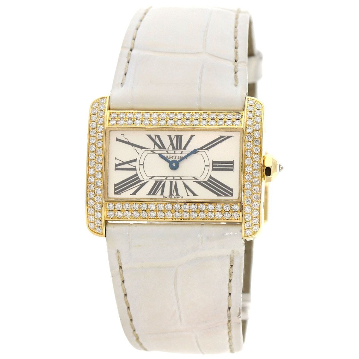 Cartier Mini Tank Divan Diamond Watch 18K Yellow Gold Leather