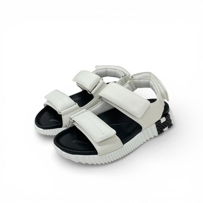 Hermes Junior Sandals Shoes Leather White Black Logo Velcro