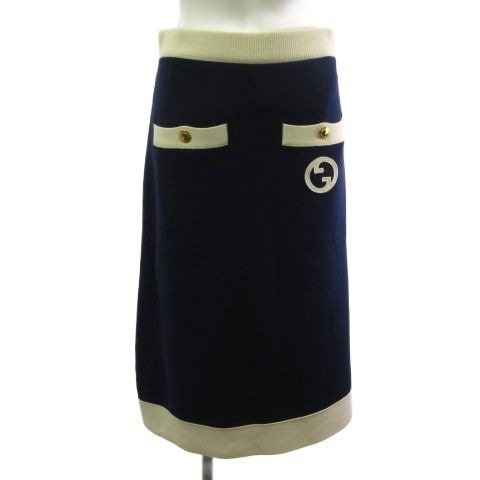 Gucci Xkc76 Interlocking Gold Button Skirt Bicolor Cotton Silk White