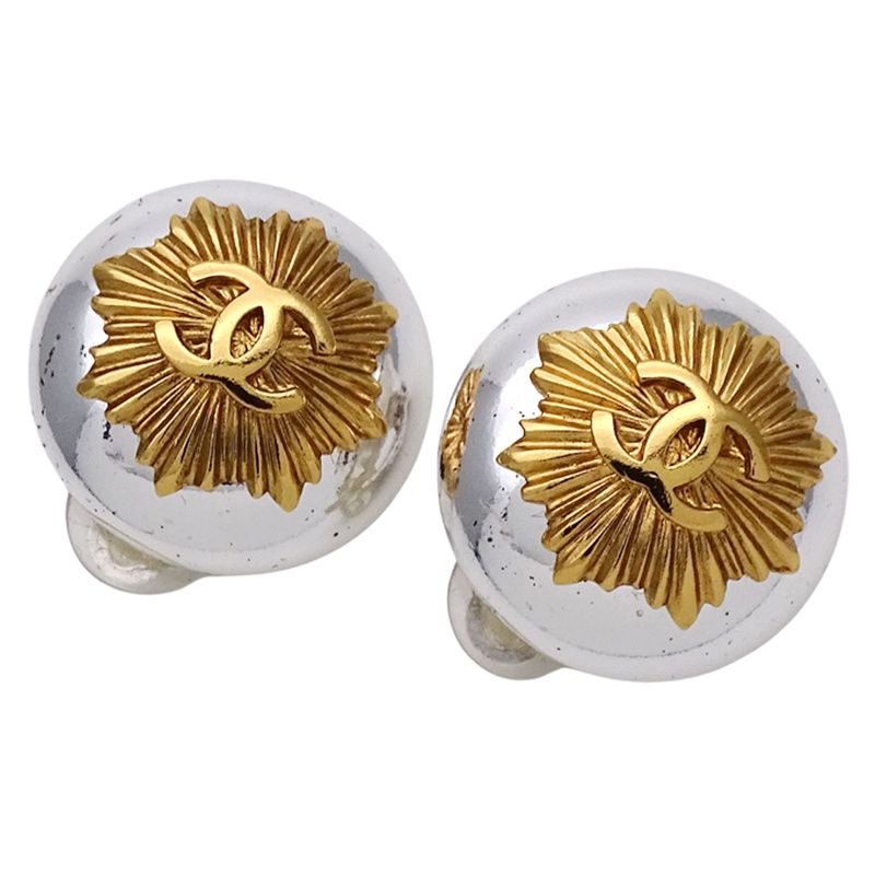 Chanel Earrings Ladies Brand Coco Mark Metal GP Silver Gold Round Vintage