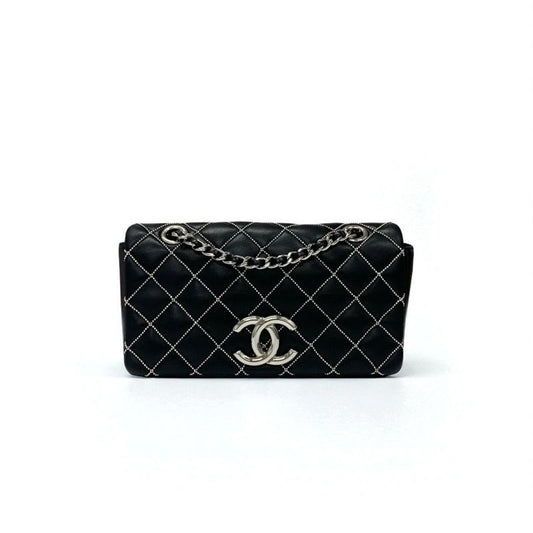 Chanel Bag Shoulder Leather Black Silver Mini Quilted Single