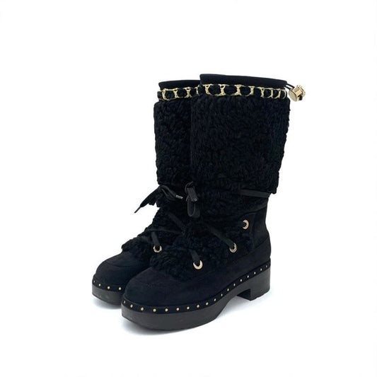Chanel Boots Long Shoes Suede Shearling Black Gold Coco Mark Studs Lace Up