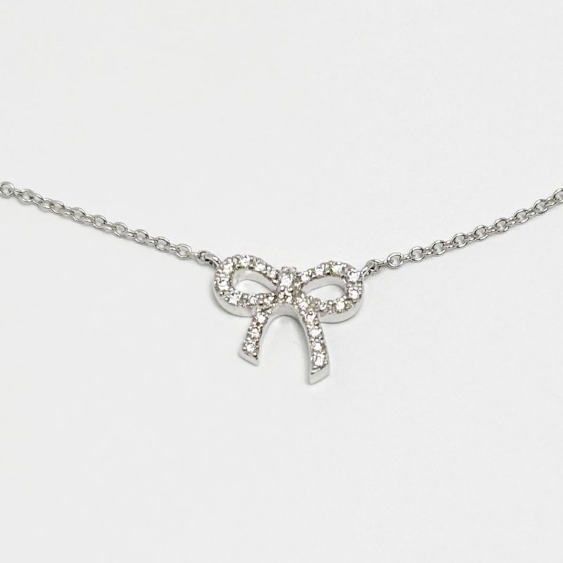 Tiffany & Co 18k Diamond Necklace Metro Bow Mini Pendant White Gold