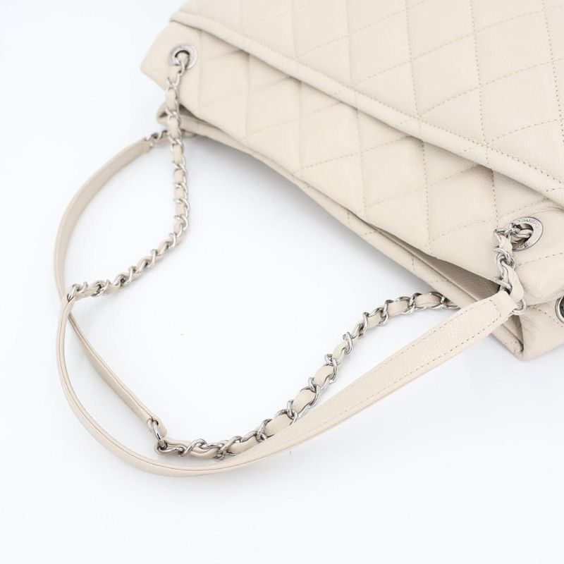 Chanel Chain Tote Bag Matelasse Coco Mark Gray-beige Soft Caviar Skin