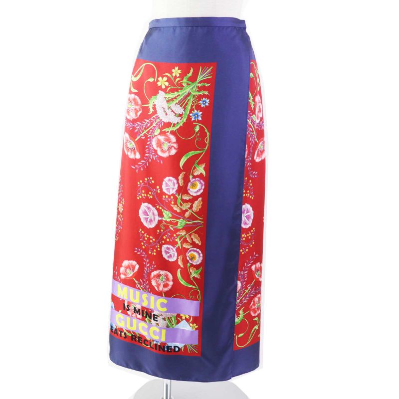 Gucci 21 676553 100% Silk Logo Botanical Flower Pattern Long Wrap Skirt Navy