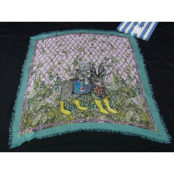Gucci Yuko Higuchi Rayon and Silk Animal Scarf Pink Green Ap9663