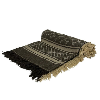 Gucci Shawl Beige Dark Brown GG Pattern Diamante Wool Silk Scarf
