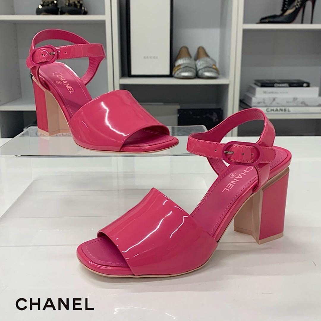 Chanel CC Logo Patent Strap Sandals Pink