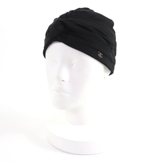 Chanel 100% Silk Turban Hat With Coco Mark Hardware Black Gold