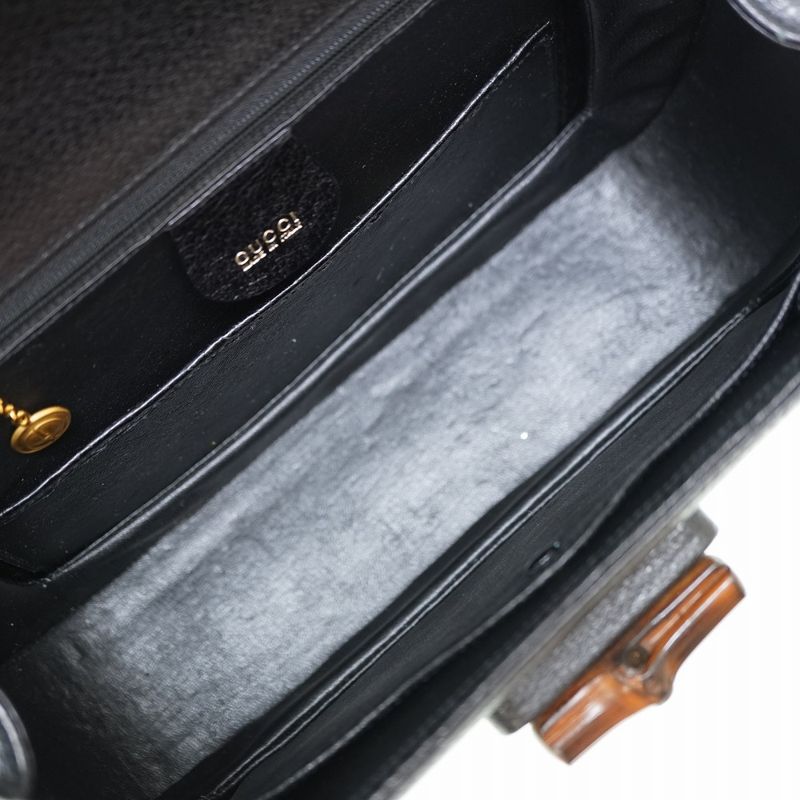 Gucci Bamboo Leather 2WAY Shoulder Hand Bag Black Gold Hardware With Shoulder