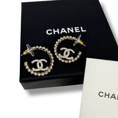 Chanel Hoop Earrings Coco Logo CC Logo Rhinestone 2025 C25P Gold Hardware