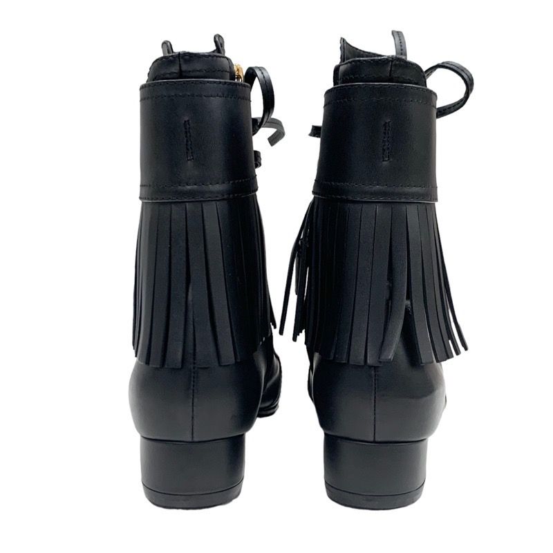 Chanel Boots Short Boots Shoes Leather Black Here Mark Fringe