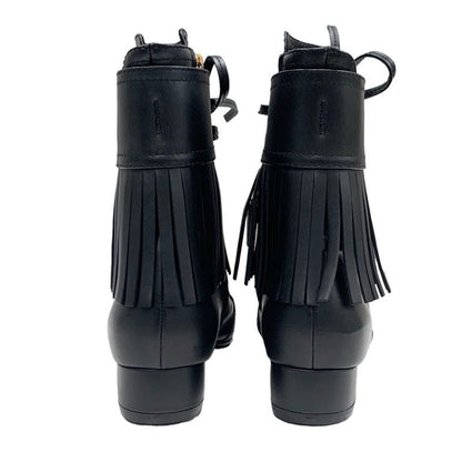 Chanel Boots Short Boots Shoes Leather Black Here Mark Fringe
