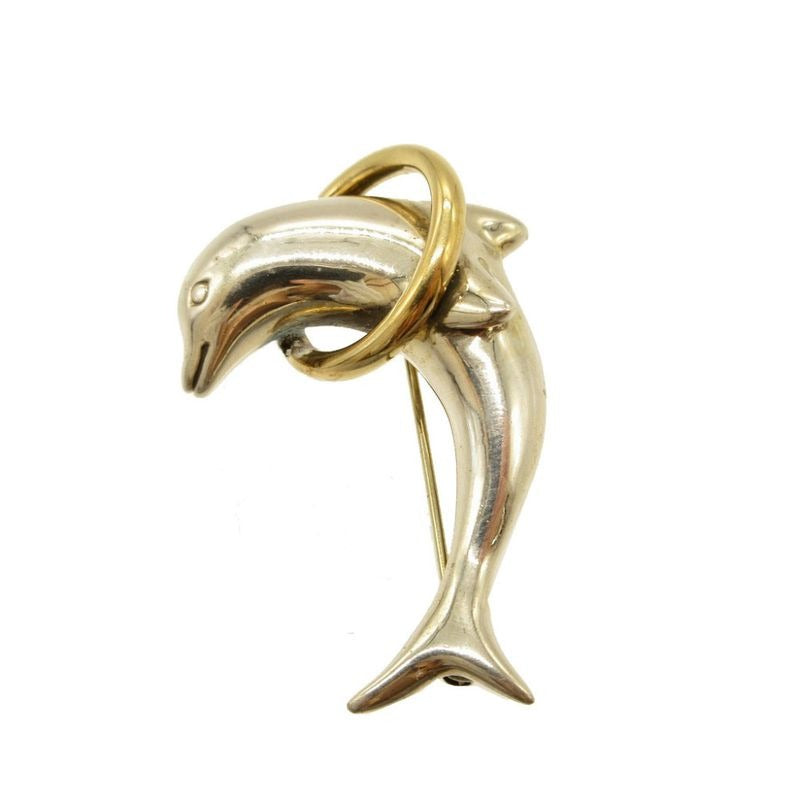 Tiffany & Co Dolphin Silver 925 18K Yellow Gold Brooch 0089