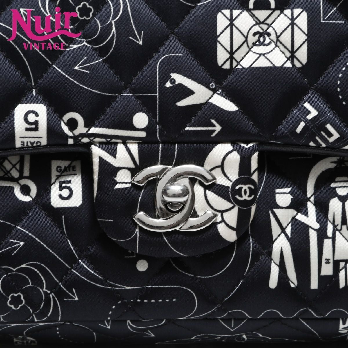 Chanel Shoulder Bag Icon Motif Satin Quilted Double Flap