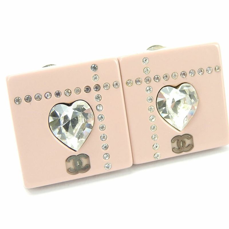 Chanel Earring Square Coco Mark Heart Rhinestone Pink Silver Plated 04A