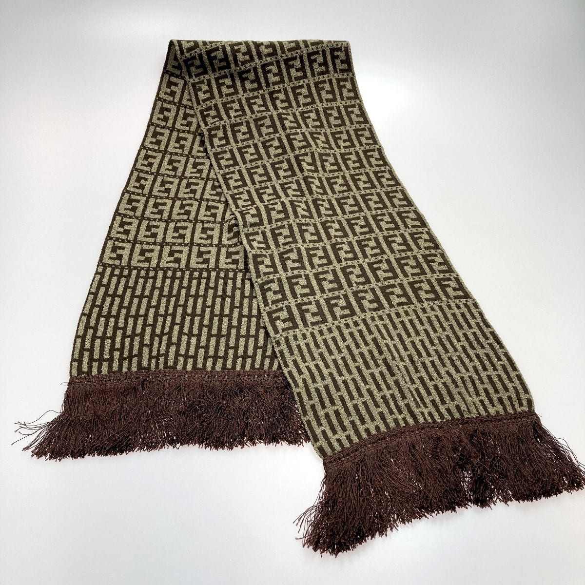 Fendi Zucca Pattern Fringe Muffler Brown Wool Stole