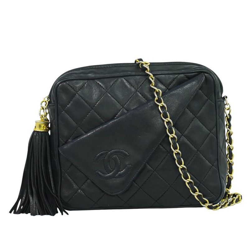 Authentic Chanel Coco Mark Matelasse Tassel Chain Shoulder Bag Pochette