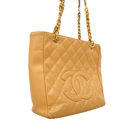 Chanel Chain Tote Quilted Caviar Leather Beige Gold — view 2