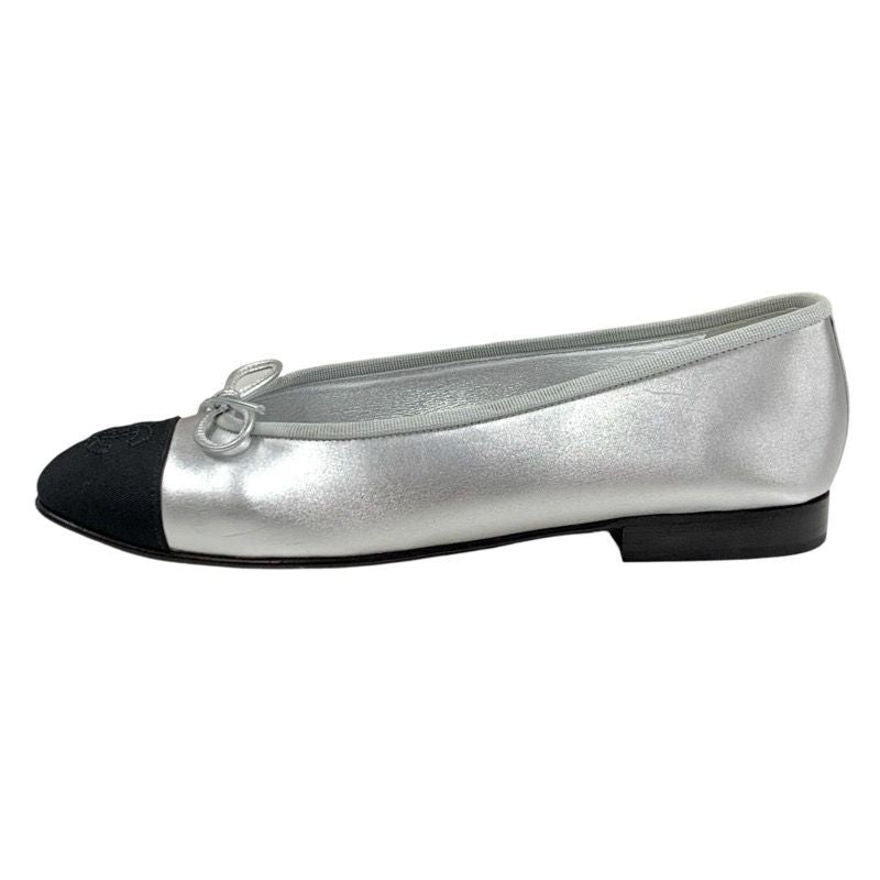 Chanel Flat Shoes Leather Fabric Silver Black Ballet Shoes Ballerina Coco Mark