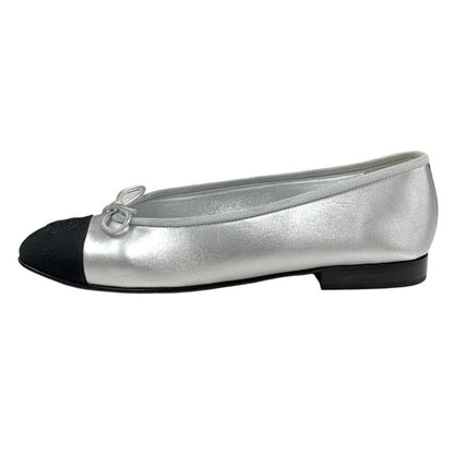 Chanel Flat Shoes Leather Fabric Silver Black Ballet Shoes Ballerina Coco Mark