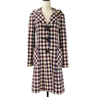 Chanel Tweed Check Duffel Coat Navy Ivory Red Ivory-