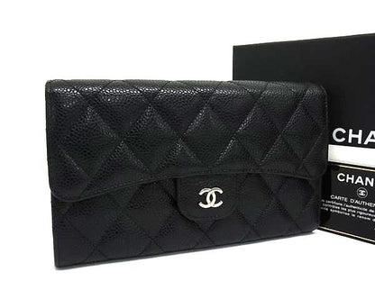 Chanel Coco Marc Matelasse Caviar Leather Trifold Long Wallet Women's Black