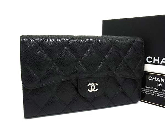 Chanel Coco Marc Matelasse Caviar Leather Trifold Long Wallet Women's Black
