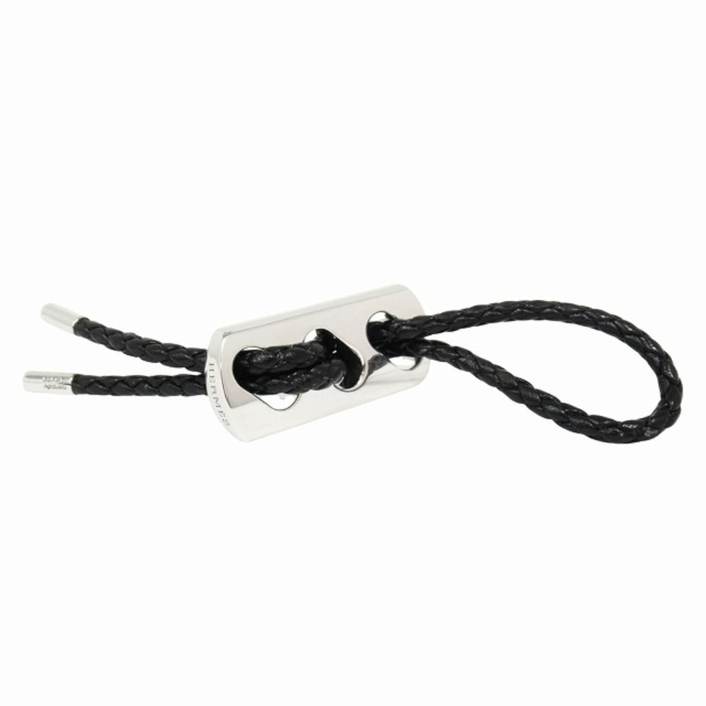 Hermes Polished Key Holder Key Ring Charm Braided Leather Silver Black